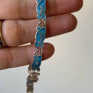 Siam Sterling Silver 925 Blue Enamel Panel Goddess Bracelet 7" 5.61g